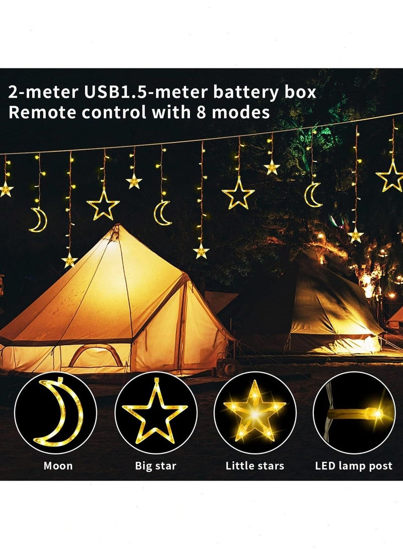 أضواء زينة رمضان، سلسلة أضواء LED على شكل نجوم وقمر بطول 2 متر مع 12 مصباحًا، صندوق بطارية وكابل USB وجهاز تحكم عن بعد، مثالية للشرفة وغرفة النوم وغرفة الطعام وغرفة المعيشة وأضواء رمضان الخارجية - Image 2